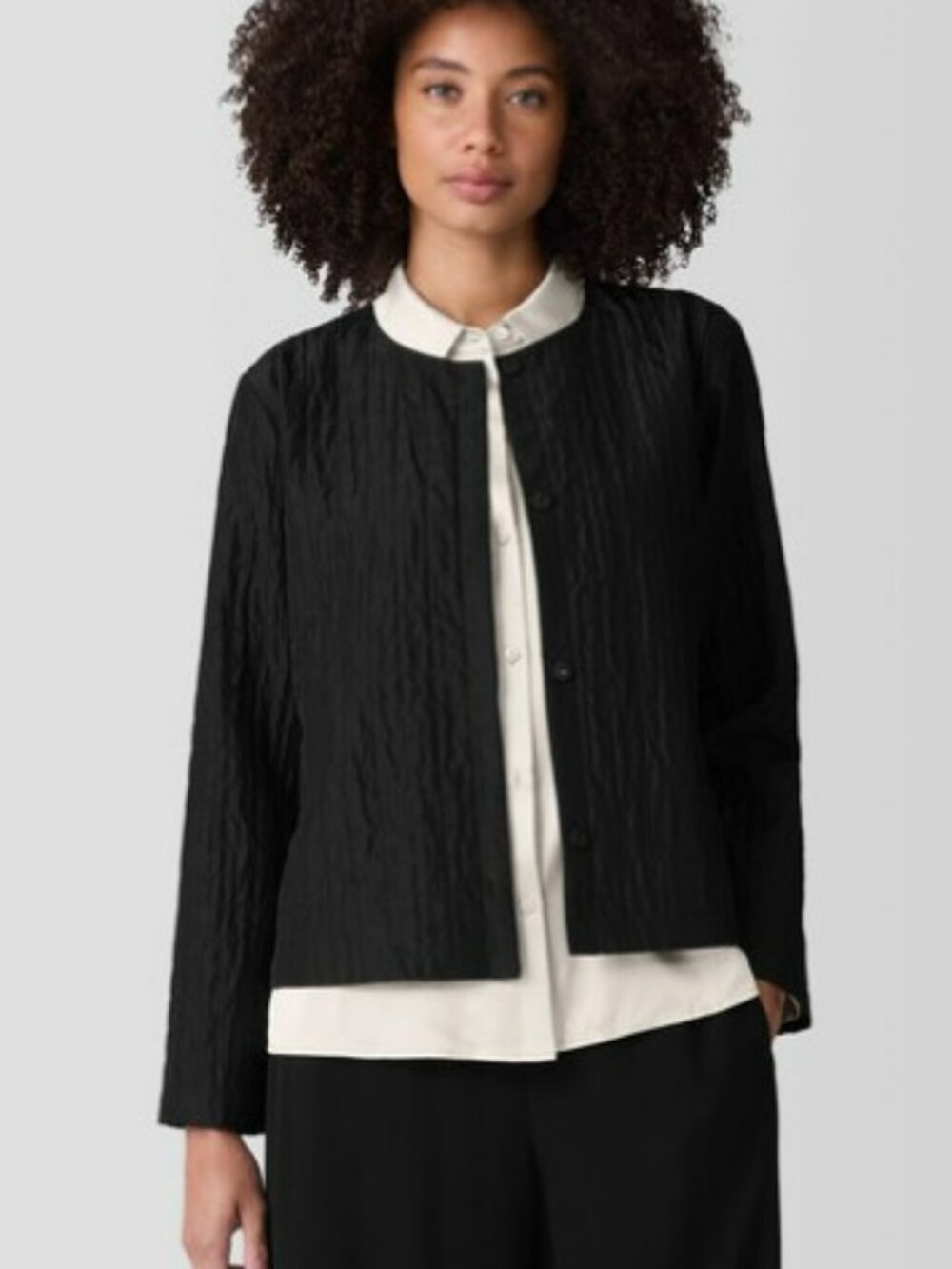 Eileen Fisher 100% Silk Habutai Quilted Round Neck Jacket Snap Front Size Small‎